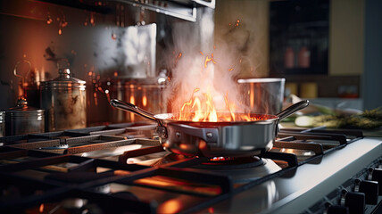 the fire is burning, Beauty, kitchen, modern smoke machine, modern gas stove, modern kitchen, advanced equipment, cooking details, cuisine, stir-frying, cooking, worktop, modern pots and pans