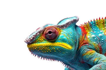 Abstract of lizard chameleon portrait isolated on white background with multi colored colorful on skin body and scales paint, reptile animal, Vibrant bright, with Generative AI.