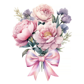 Flower bouquet on a white background. Watercolor peonies, tulips. Mothers Day design.