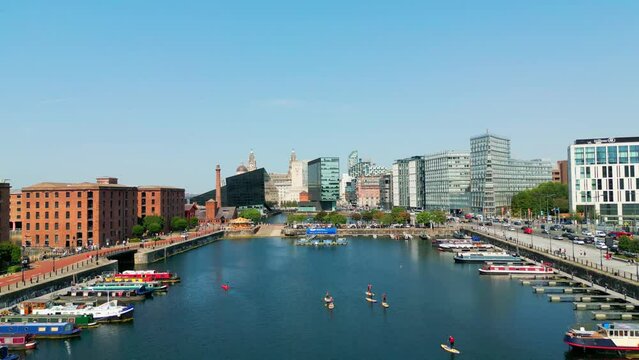 Albert Dock in Liverpool - aerial view - LIVERPOOL, UNITED KINGDOM - AUGUST 16, 2022