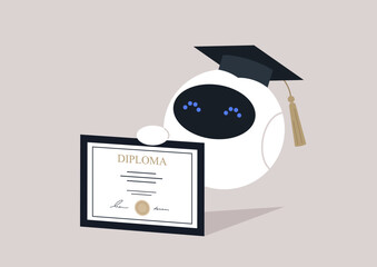 Machine learning, graduating robot wearing a ceremony cap with a golden tassel, a diploma certificate in his hand