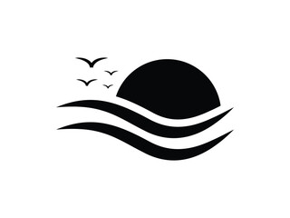 sun with waves and birds logo. sunset logo design