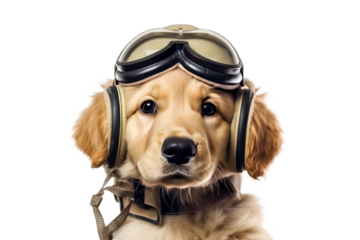 Cute dog Golden retriever with captain pilot costume for flying with airplane isolated on clear png background, funny moment, pet concept, with Generative Ai.