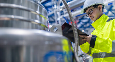 Asian engineer working at Operating hall,Thailand people wear helmet  work,He worked with diligence and patience,she checked the valve regulator at the hydrogen tank.