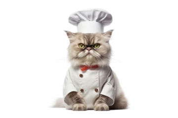 Cute fluffy kitty Cat Chef with costume ready to cooking for dinner isolated on clear png background, funny moment, pet concept, with Generative Ai.
