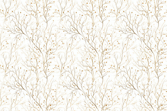 Natural seamless pattern with branches and dots.  Light golden background with organic shapes. Abstract minimalist design.