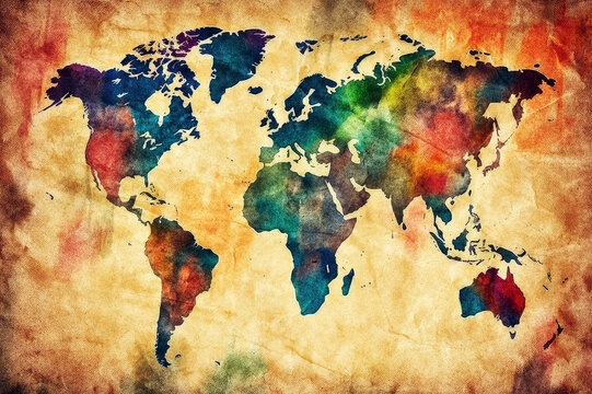 World map painted with watercolors on vintage retro paper