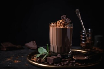 A glass of chocolate shake on table with chocolate beans all around in a plate