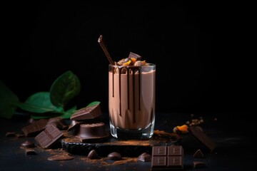 Fototapeta na wymiar Glass of chocolate shake on table with chocolate bars around 