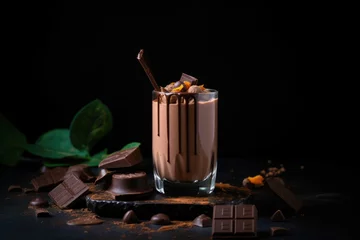 Poster Glass of chocolate shake on table with chocolate bars around  © Anjali