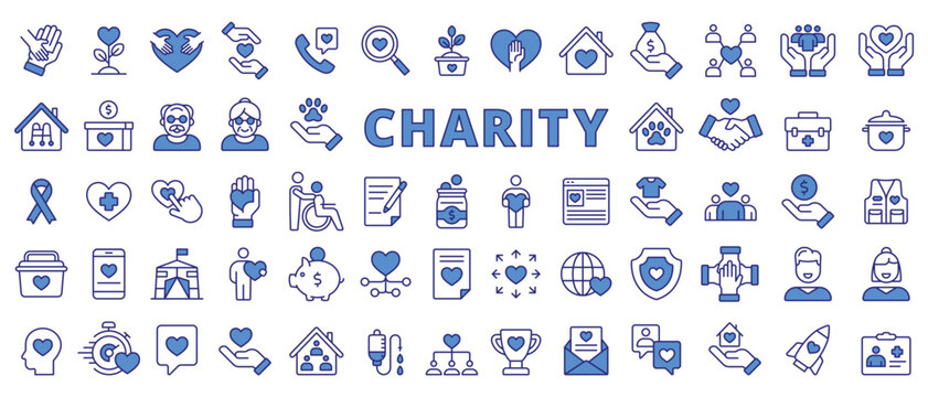 Charity icons set in line design blue. Donation, Volunteer, Helping, Care, Giving, love, Support, Philanthropy, protection, Charitable organization illustrations. Charity icons vector editable stroke.