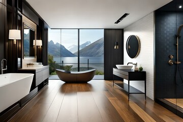 a design black gold luxury bathroom, with a wood floor, black wall, italian shower