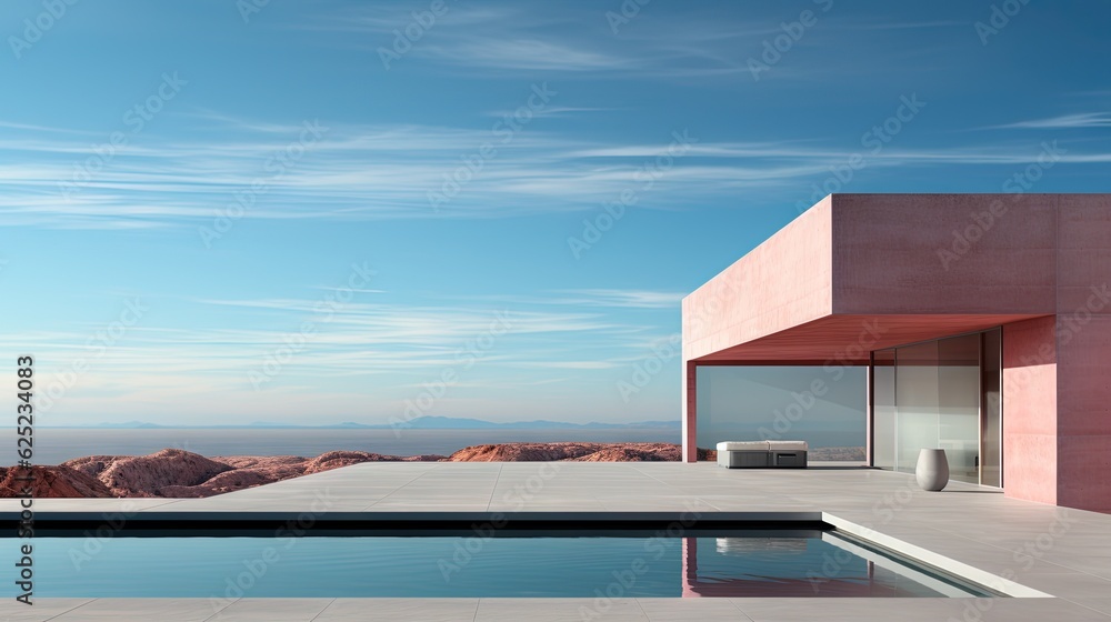 Poster a pool with a view of mountains and a sky background. generative ai
