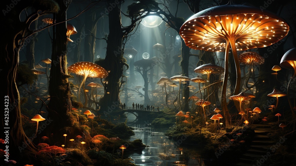 Poster a painting of a forest with mushrooms and a stream in the foreground. generative ai
