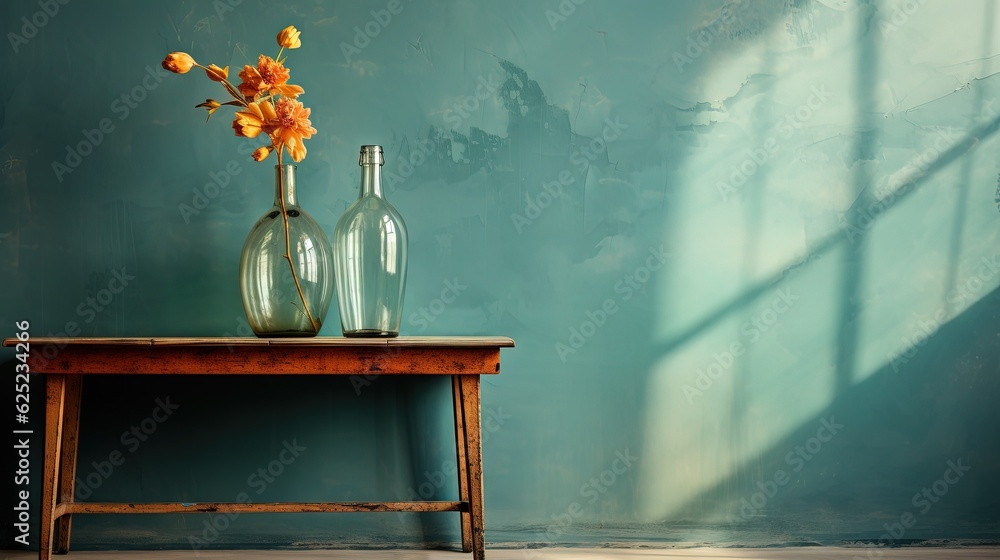 Poster two vases with flowers on a table in front of a blue wall. generative ai