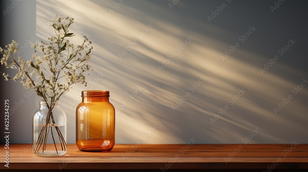 Poster two vases with flowers in them sitting on a table. generative ai