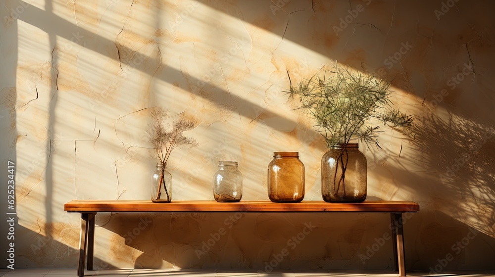 Poster three vases are sitting on a table with a shadow cast on the wall behind them. generative ai