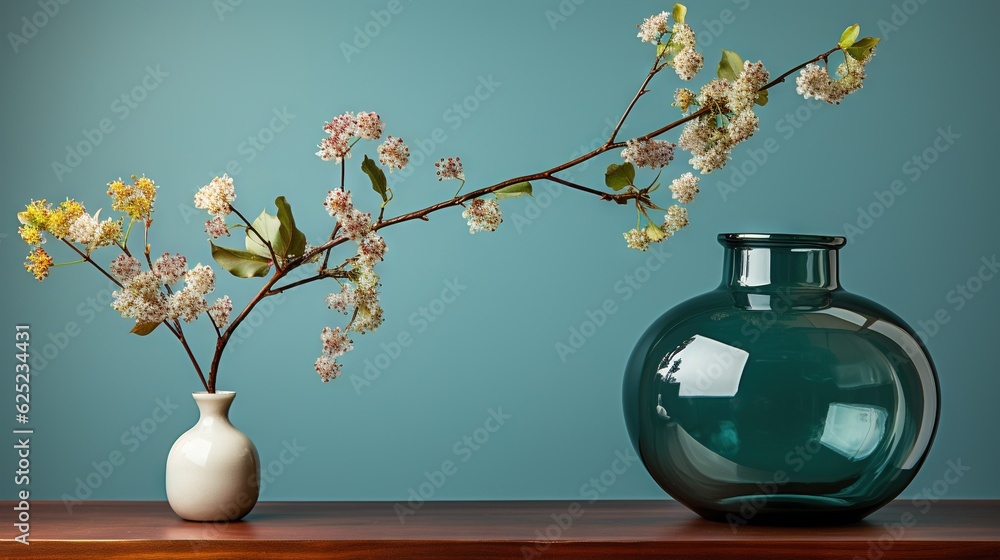 Poster a vase with flowers in it sitting on a table next to another vase. generative ai