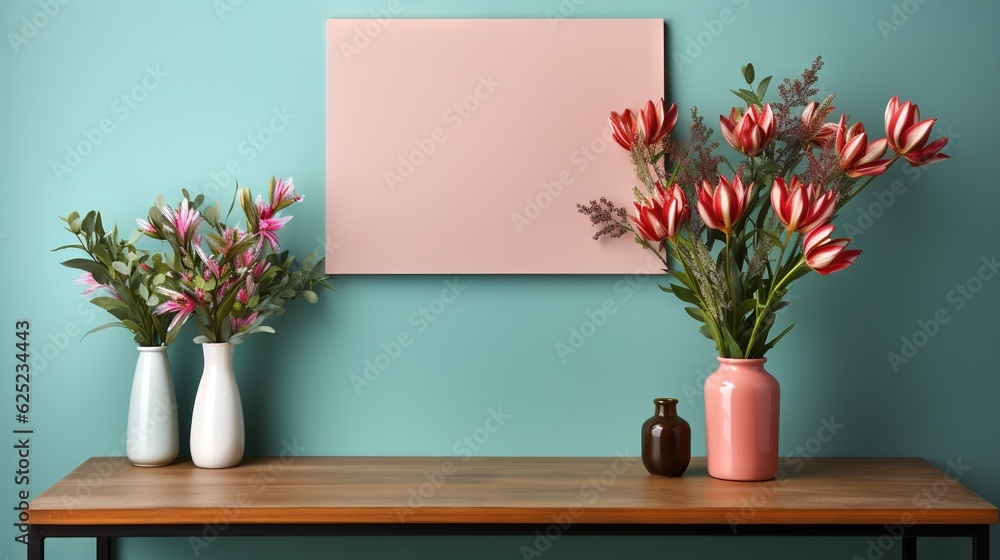 Poster three vases with flowers on a table in front of a painting. generative ai