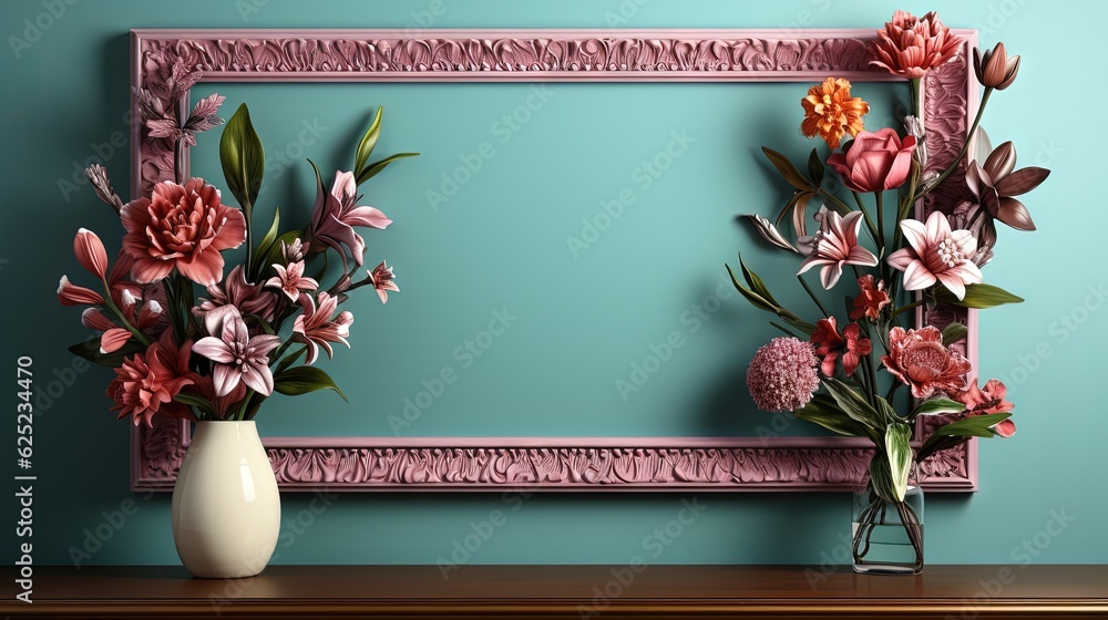Poster a vase with flowers sitting on a table in front of a picture frame. generative ai