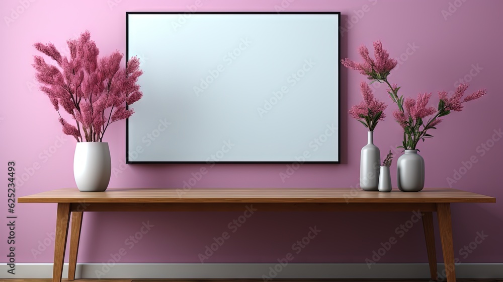 Poster a table with three vases and a mirror on it. generative ai