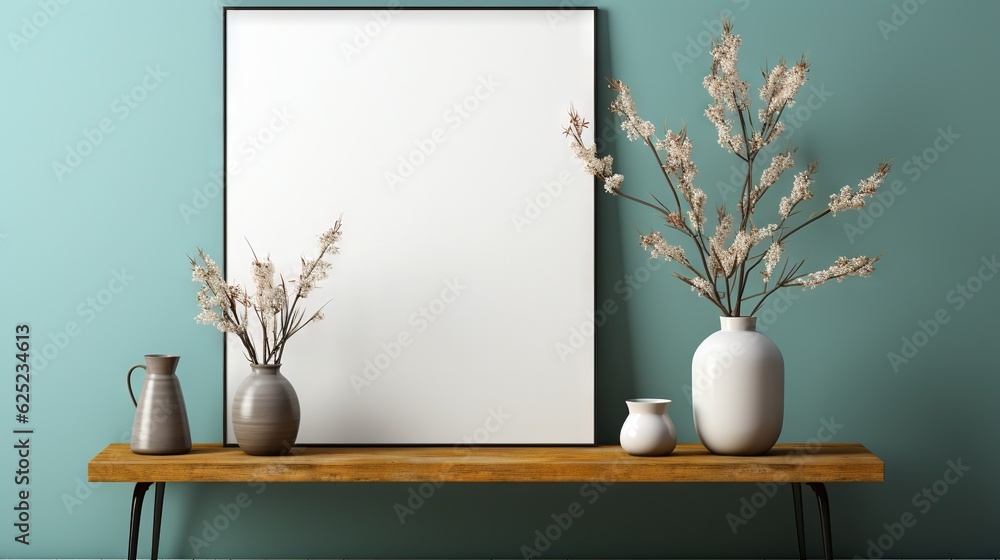 Poster three vases and a blank paper on a table with a wooden shelf. generative ai