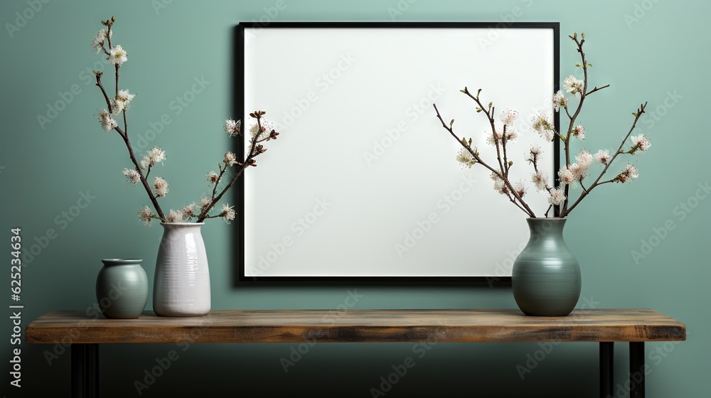 Poster two vases on a table with flowers and a mirror. generative ai