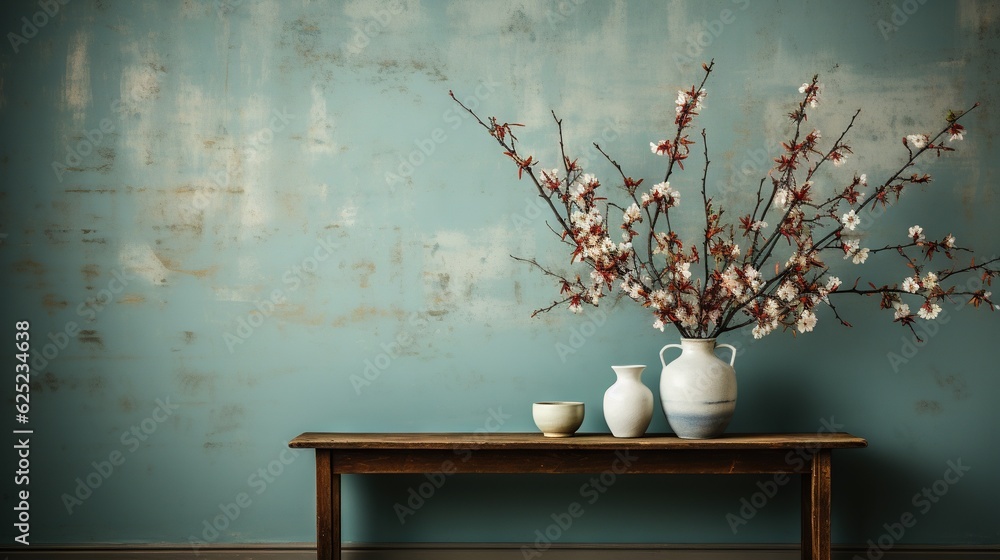 Poster a table with two vases and a vase with flowers on it. generative ai