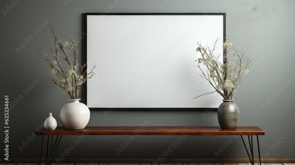 Poster two vases on a table with a blank picture in the background. generative ai