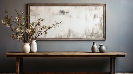  a table with two vases and a painting on the wall.  generative ai
