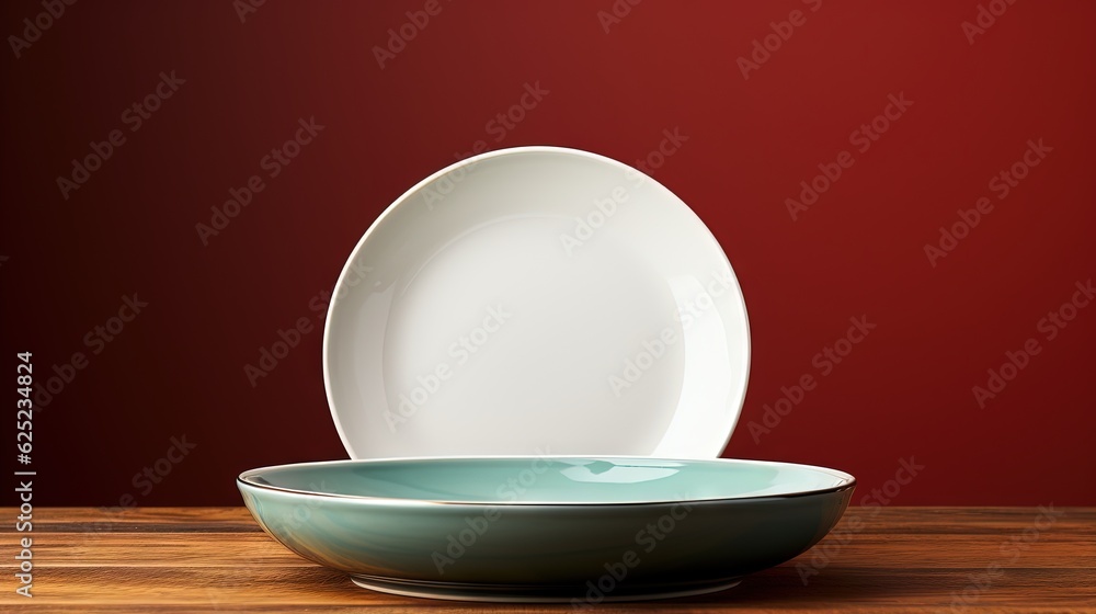 Poster a bowl and plate on a table with a red wall in the background. generative ai