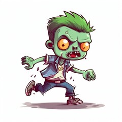 A zombie boy cute cartoon he is chasing his toe, white background