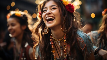 Fototapeta premium Young Women with friends Having a Very Good Time at Outdoor Concert, Bathed in Afternoon Light, Ai generative 