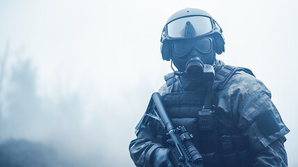 Close-up portrait of a special forces soldier in uniform and gas mask