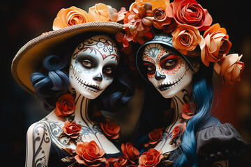 two mexican catrinas, looking straight ahead with sombreros adorned with flowers