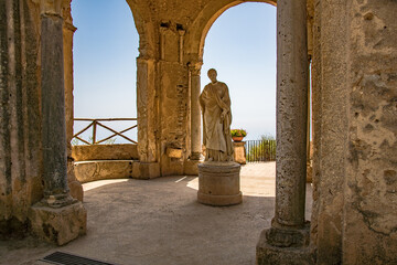 Roman statue at the Terrace of Infinity at the gardens of Villa Cimbrone, Ravello, Italy.