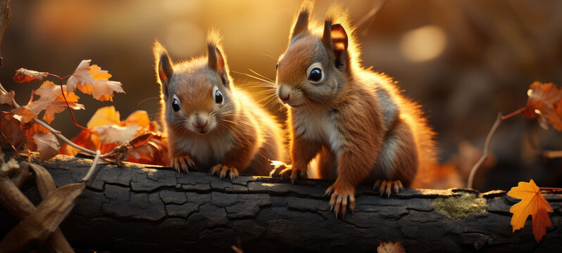 cute red squirrels on tree ,generative ai