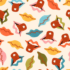 Pink open lips, teeth and tongue in mouth red hearts vector seamless pattern. Love kiss Valentines Day Romantic texture background