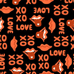 Love XOXO handwritten phrase, red female lips vector seamless pattern. Cartoon Valentines day Romantic texture background