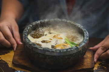Bun Bo Hue, Bun Bo, Vietnamese beef noodle soup spicy in stone bowl