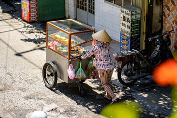 Woman pushing cart selling bread on the street in Vietnam, street food vendor making Vietnamese...