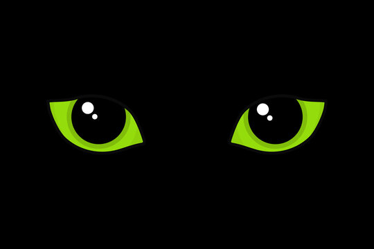 Green cat eyes in the dark. Dilated cat pupils. Cartoon vector illustration.