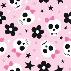 Fototapeta premium Halloween seamless pattern. Halloween background. Skeleton. Pink pattern. Spooky background