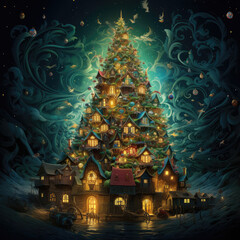 Fototapeta premium interior christmas. magic glowing tree, fireplace and gifts Generative AI technology