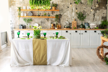 Interior design scandinavian kitchen with table and chair. Cozy Wooden white cuisine decorated with flowers and decor. Kitchen utensils, dishes, plates on shelves. Stylish dining room with furniture	
