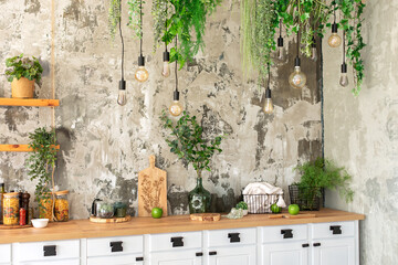 Interior scandi open cuisine. Wooden shelves with various cookware, plants in pots and decoration...