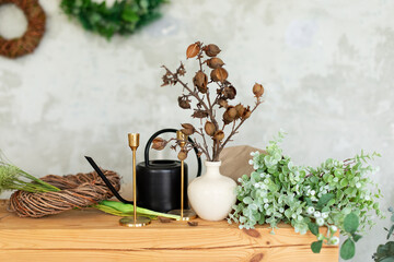 Wooden table on which there are watering can, green plants, garden tools, dried flowers in vase and herbs against a background of a grey wall.  Flowers shop. Stylish watering can with plants