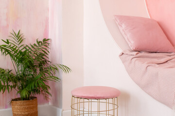 Modern Living room design vibrant interior with decorative arch on pink wall with pillows and...