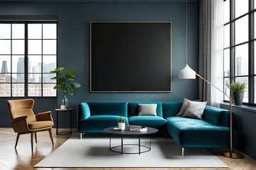 Black poster frame on cabinet in living room interior on empty dark wall