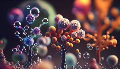 molecules, atoms and neurons interact and communicate. Banner. AI generated